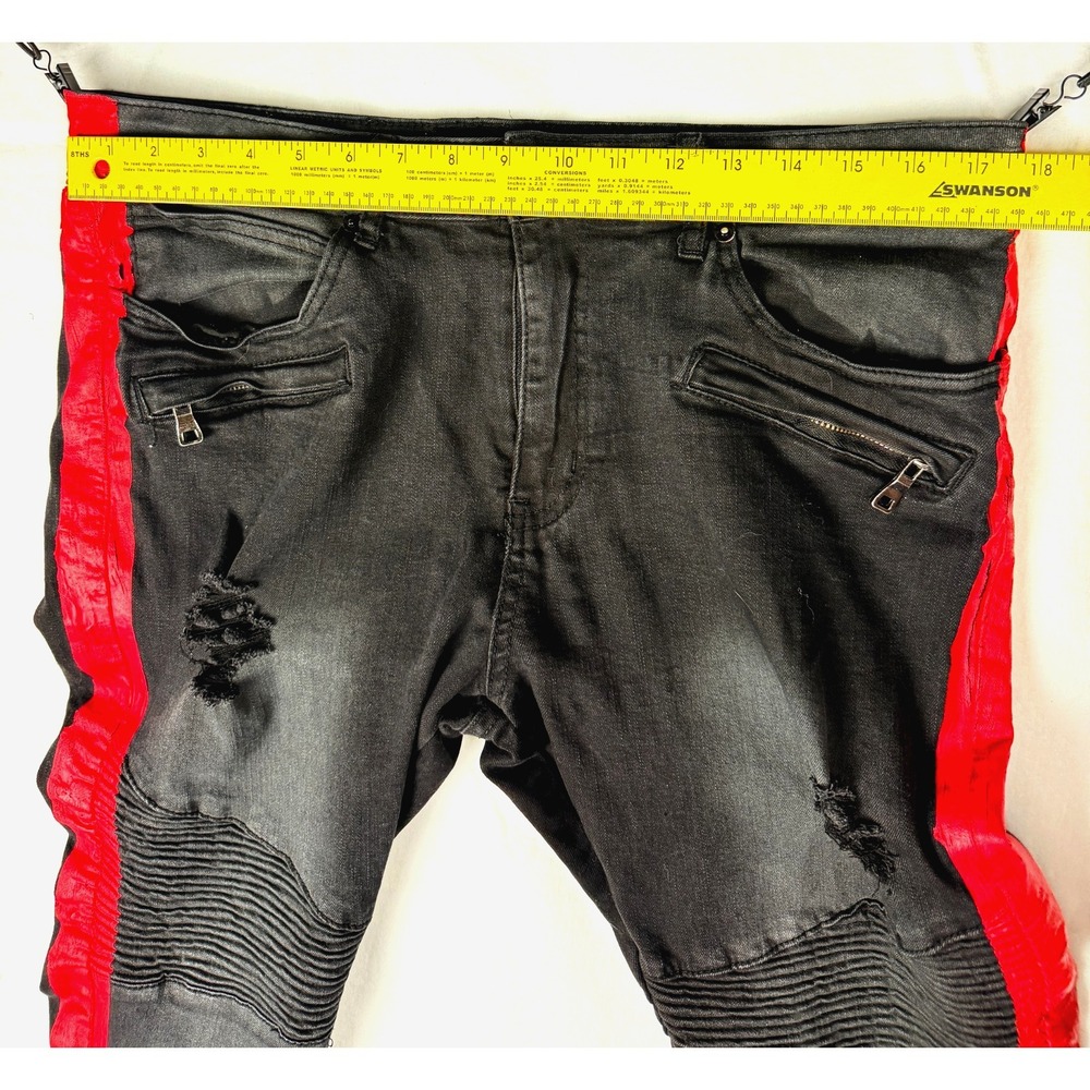 Distressed Moto Biker Jeans Mens 36 Black Red Stripe Punk Grunge Y2K Streetwear - Picture 5 of 11